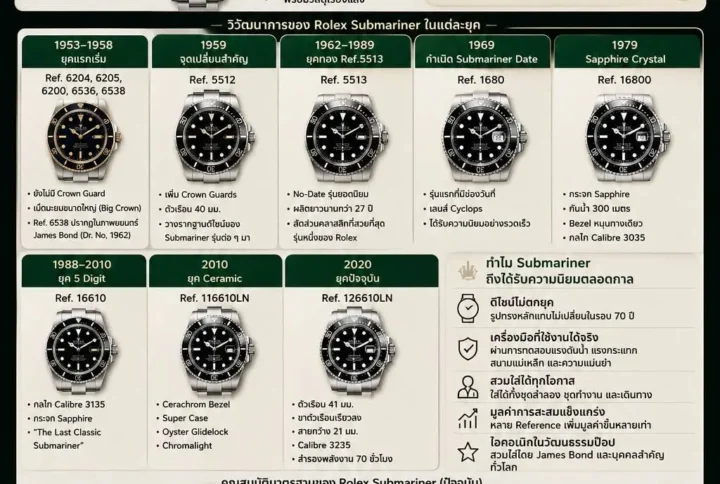 เจาะลึกประวัติ Rolex Submariner ตั้งแต่ปี 1953 จนถึงปัจจุบัน พร้อมวิวัฒนาการของแต่ละ Reference เทคโนโลยี กลไก และเหตุผลที่ทำให้ Submariner กลายเป็นนาฬิกาในตำนานของโลก